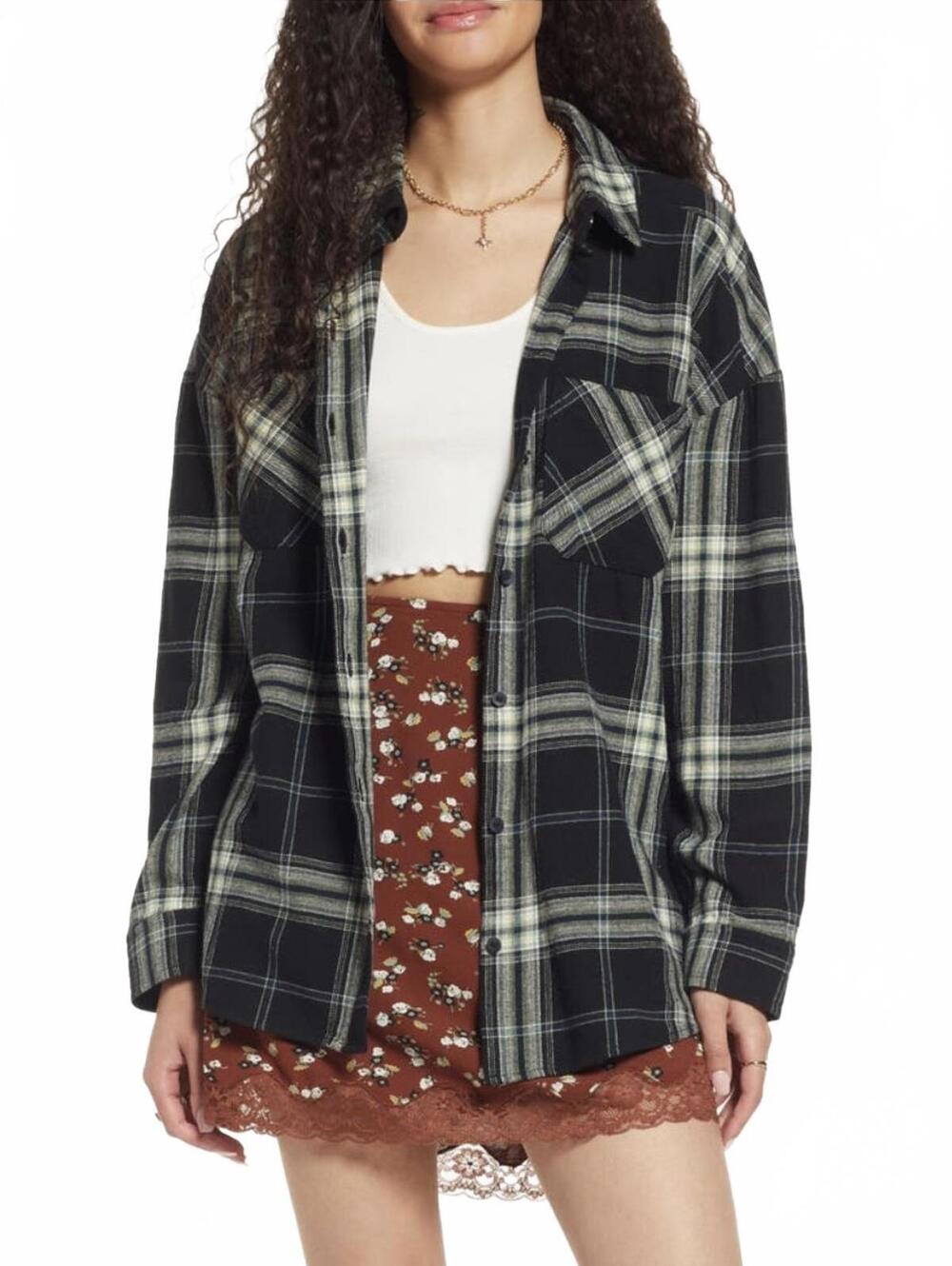BP Plaid Cotton Flannel Button-Up Shirt Black Green Medium